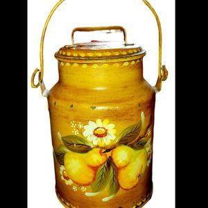 Vtg Folk Art Hand Tole Painted Flowers & Pears Metal Milk Dairy Can